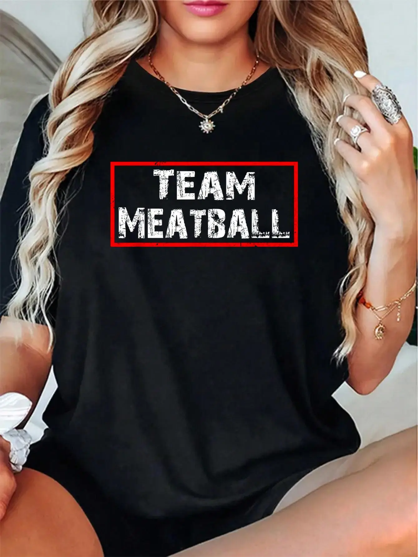 Women's 100% Cotton Breathable Short-Sleeve Round Neck Casual T-Shirt - Unisex Team Meatball Graphic, Autumn Everyday Wear, Love-Inspired Happy Letter Snowflake Cute Tops, Perfect Fit Fabric, Print, Tee, Style, Team Meatball Design