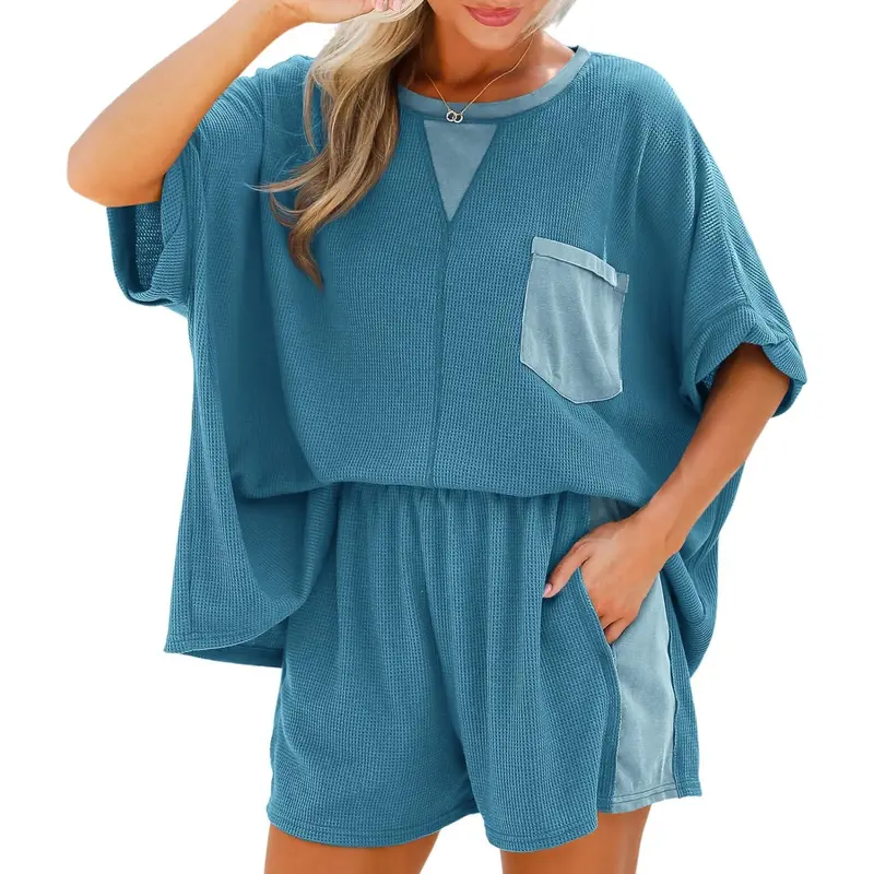 Imily Bela Womens Summer Waffle Knit 2 Piece Outfits Oversized T Shirt Casual Shorts Loungwear Short Sets