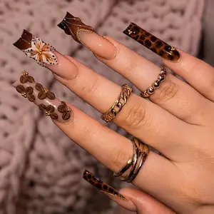 Leopard Print 3D Flower Brown French Tip Gold Chain Long Coffin Summer Press On Nails – 24 pcs Fake Nails, Kit with Jelly Glue & File, Baddie Nails for Summer & Statement Looks