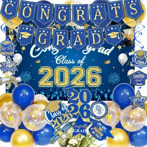 Blue and Gold Graduation Decorations 2026 with Congrats Grad Banner, Graduation Cake Topper, Backdrop, Hanging Swirls, Balloons for Class of 2026