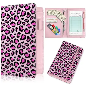 Pink Leopard Server Book for Waitress Book Organizer Leather Waiter Book with Zipper Pocket