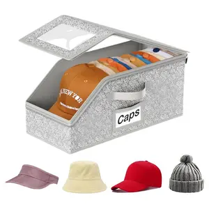 Baseball Cap Organizer - Stackable Hat Box with Breathable Linen Fabric & Clear Window | Space-Saving Closet Storage for Caps