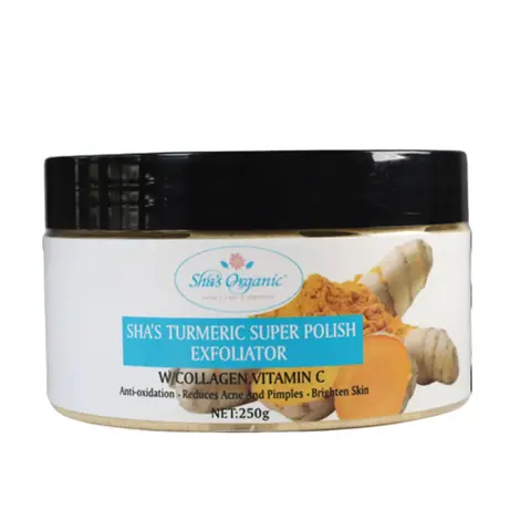 Sha's Organic Skincare Turmeric Exfoliating Scrub Pack - 250g, Alcohol-Free Natural Face & Body Exfoliator with Ginger, Lemon & Vitamin C, Cleansing Smooth Skin Formula for Acne Treatment & Anti-Acne Care