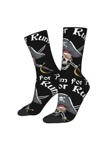 BIIHUDU Men's Pirate Socks - Skull & Crossbones, Jolly Roger Flag & Treasure Chest Print with "Rum for Rum" Pirate Design - Themed Party Costume Accessories, Comfortable Polyester Novelty Socks for Men