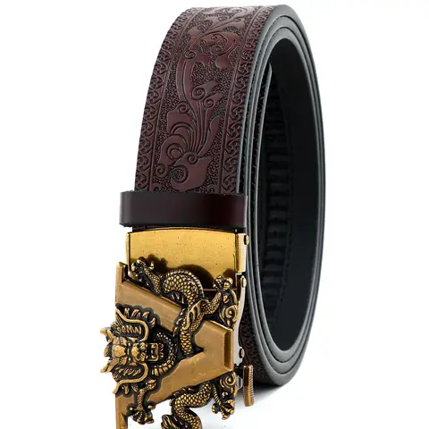 Men's Fashion Random Dragon Pattern PU Leather Belt, Casual Automatic Buckle Belt for Business, Daily Clothing Decor, Trendy Exquisite Belt for Birthday Gift, Belt with Buckle