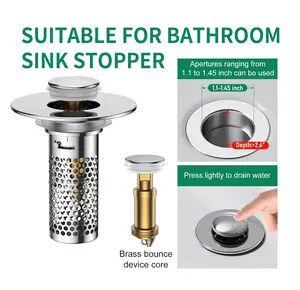 Stainless Steel Modern Anti-Odor Bathroom Sink Stopper with Bouncing Core & Brass Pop-Up Drain Plug for Bathtub Home Goods Universal Drain Stopper with Hair Catcher & Removable Filter Basket for Easy Cleaning