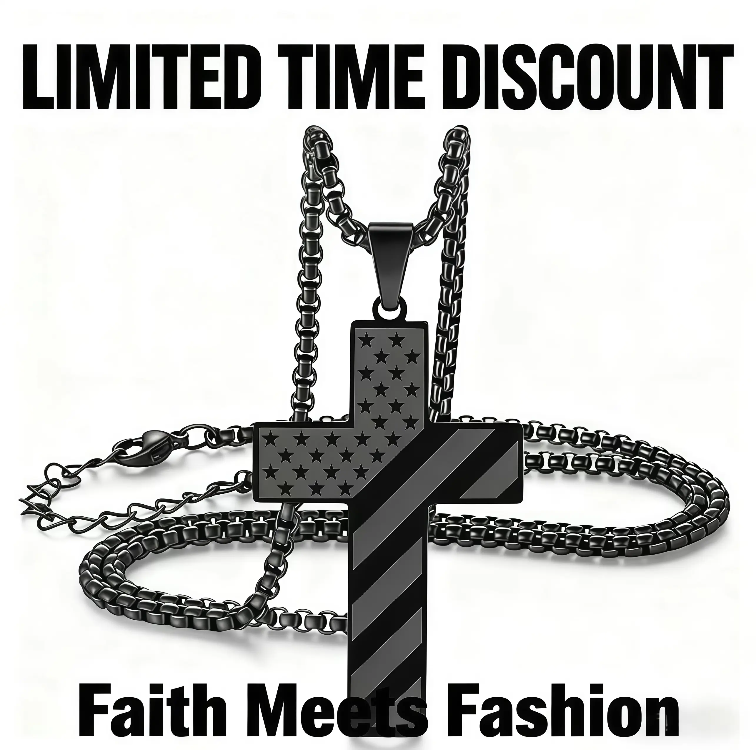 Men's Stainless Steel Religious Patriotic Cross Necklace - American Flag Pendant, Bible Verse Jewelry, 24 in Long Chain, Faith Meets Fashion, Unisex for Casual Daily Wear, Yes