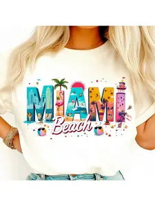 Miami Beach Shirt| Flamingo Sunset Tee, Tropical Palm Tree, Coastal Summer Vibes, Retro Beach Theme Graphic Tee| White Geometric Pattern, Breathable Casual Top, Suitable for All Seasons, Loose-Fitting, Comfortable T-Shirt, Crew Neck