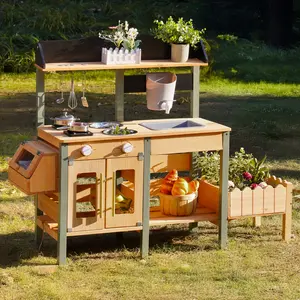 ROBUD Mud Kitchen for Kids Outdoor, Kids Play Kitchen with Accessories in Wooden Play Kitchen Set with Sink, Faucet, Plants Observation Room, Toddler Outdoor Mud Kitchen for Backyard Garden