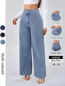Women's Vintage Elegant Denim Jeans High Waisted Button Fly Slim Fit Wide Leg Pants, Casual Everyday Fashion Comfortable Design No Side Pockets