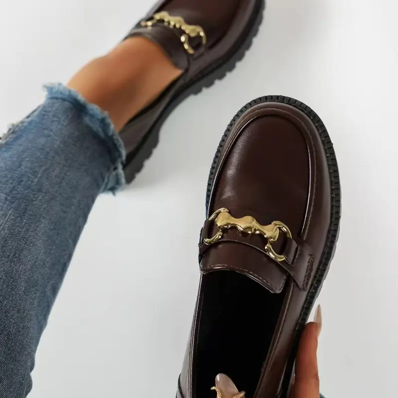 Women's Elegant Thick-Sole Loafer, Thick Sole Loafers, Slip-On PU Leather Chunky Heel, Slimming Design, Fall/Winter British Classic Style