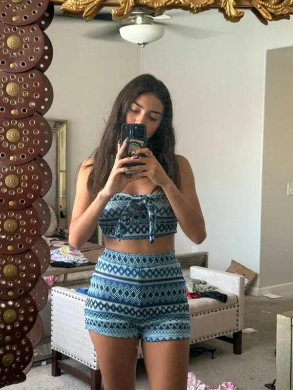 BF Women's Blue Geometric Print 2 Piece Outfit Set Y2K Tube Crop Top and High Waisted Shorts Matching Set Summer Vacation Beach Outfit