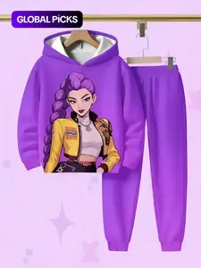 Cute Cartoon Print Hoodie Set for Girls, Spring & Fall Casual Sweatshirt, Regular Length, Perfect Gift Idea