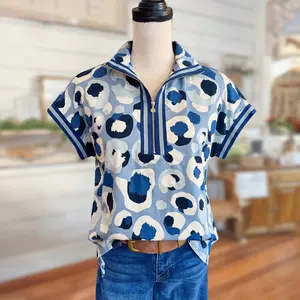 SageVell Blue & White Animal Print Zip-Up Shirt Pullover in Blue Cheetah Top, Short Sleeve POLO Shirt, Sport Style Top