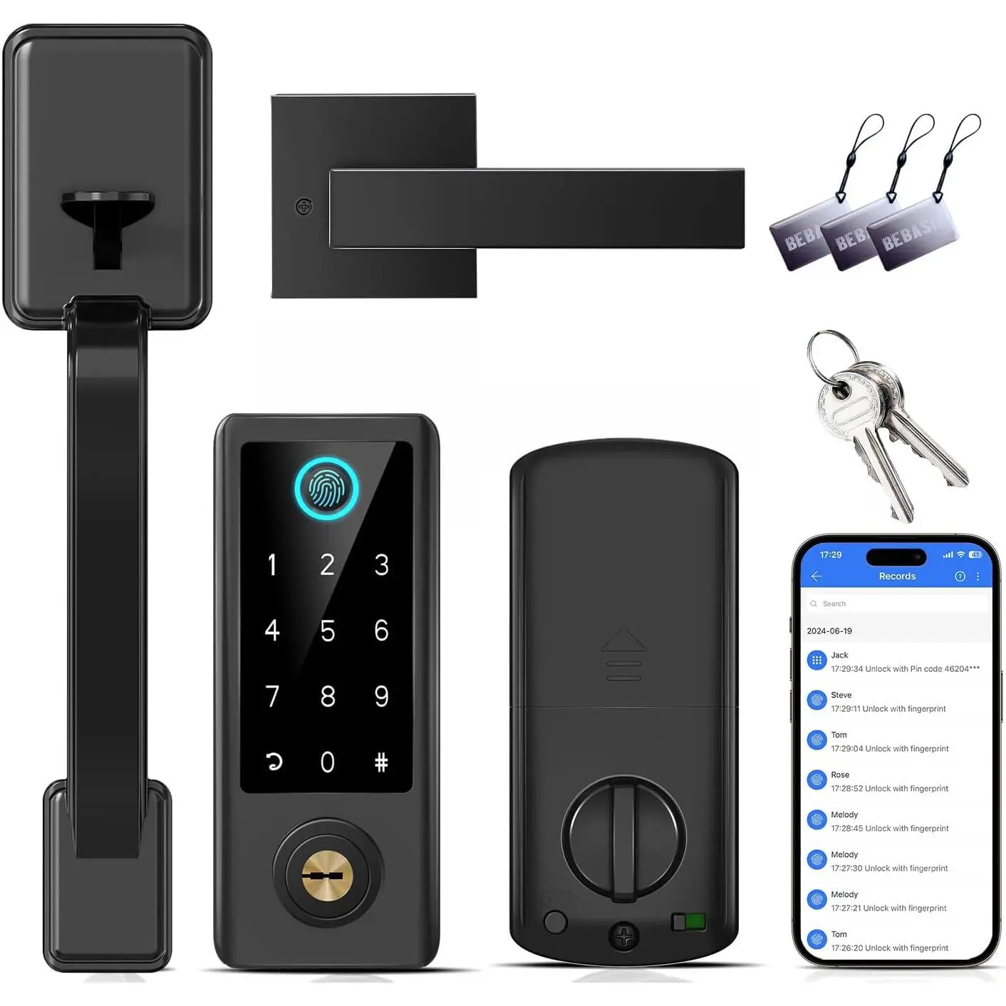 Fingerprint Door Lock for Front Door with Handle Set, App Control,  Keyless Entry Digital  Keypad Touchscreen Deadbolt, Easy Install, Auto Lock, Black