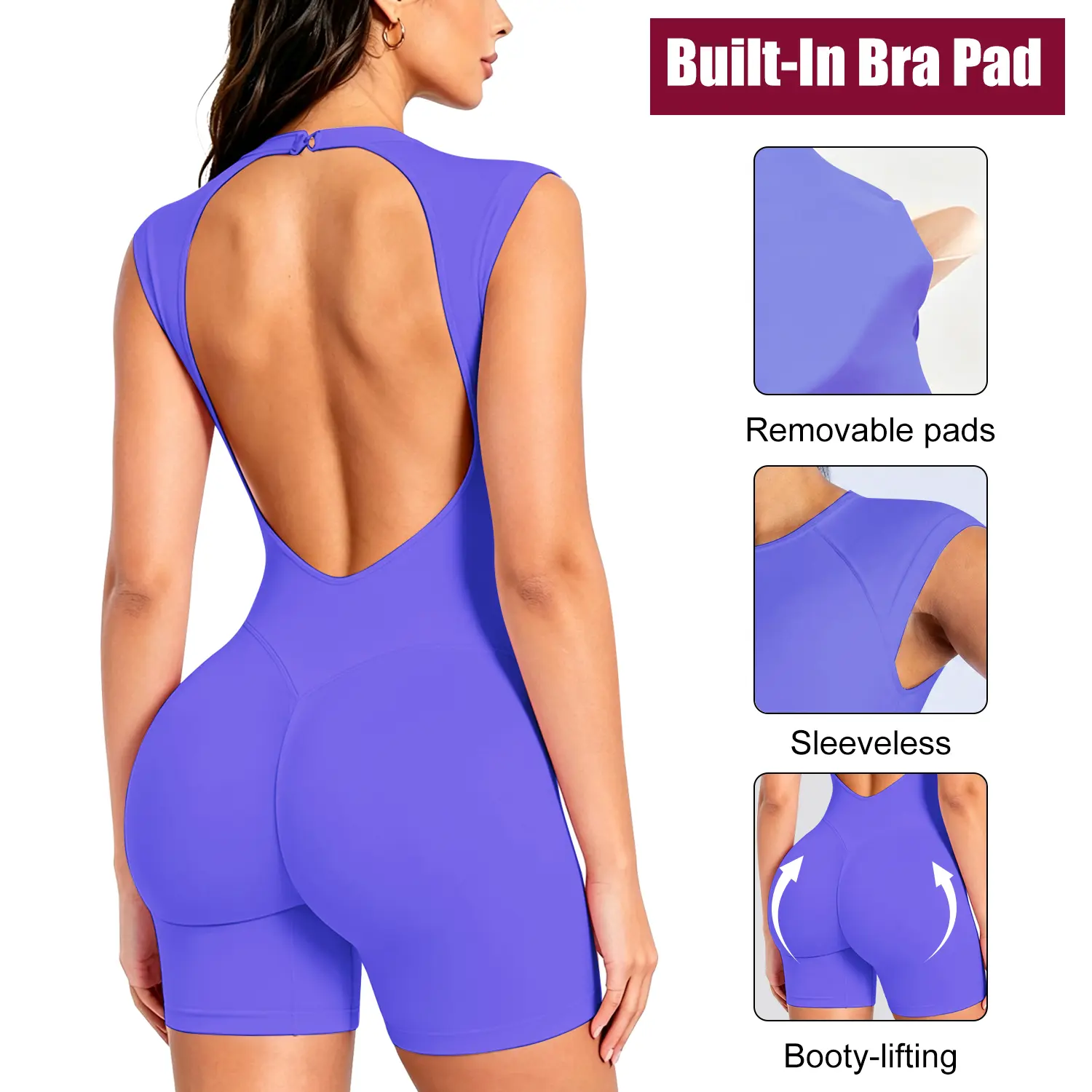 Women's Sleeveless Slim-Fit Solid Color Stretch Fabric Sport Unitard - Built-in Padded Sports Bra, Stretchy Bodycon Gym Playsuit, Smooth Touch for Fitness, Daily Wear, Solid Colors