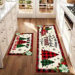 2Pcs Christmas And New Year Printed Kitchen Rug Red Truck With Christmas Tree Mat Set Farmhouse Kitchen Carpet Restaurant Floor Laundry Room Decoration Carpet Mat Home Decor Rugs