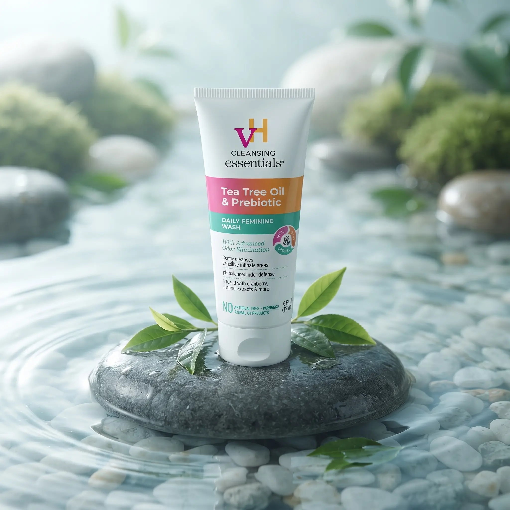 vH Essentials pH Balanced Daily Feminine Wash with Tea Tree Oil & Prebiotics, Intimate Hygiene Cleanser, Odor Control, Gentle Daily Care, 6 fl oz