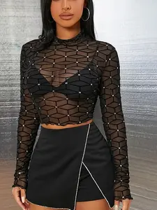 Women's Sexy Transparent Sheer Mesh Long Sleeve Top, Glitter Rhinestones Geometric Fishnet Shirt, Y2K Style Party, Breathable Lightweight Fabric Womenswear