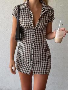 women's gingham print collared shirt dress, casual stylish slim-fitting dress for daily wear, ladies clothes for all seasons, womenswear, casual chic dress