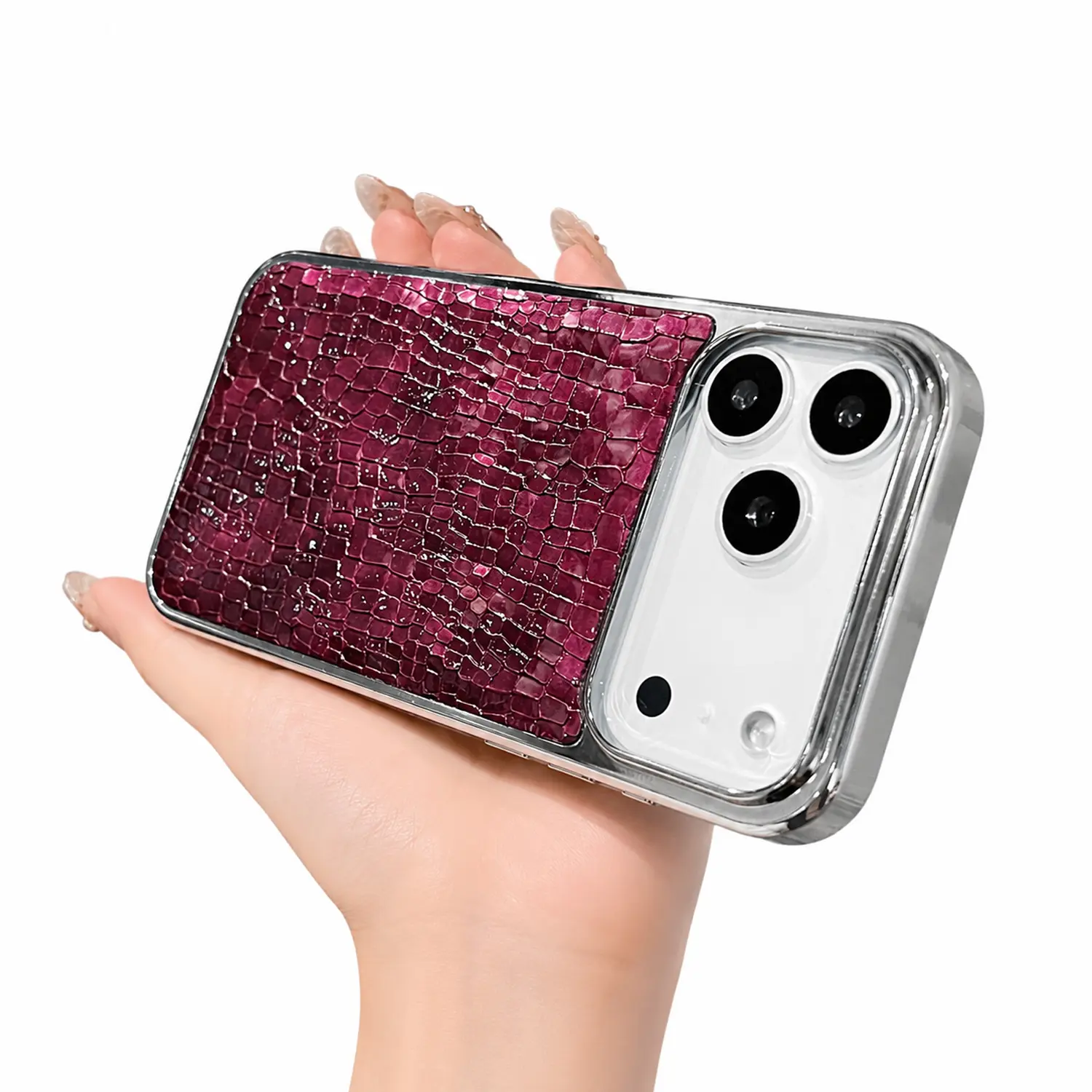 Luxury Crocodile Leather Phone Case for iPhone 17/16/15/14/13/12 Pro Max, Electroplated Silver Frame Croc Textured Protective Cover, Shockproof Slim Elegant Cell Phone Case for Men Women