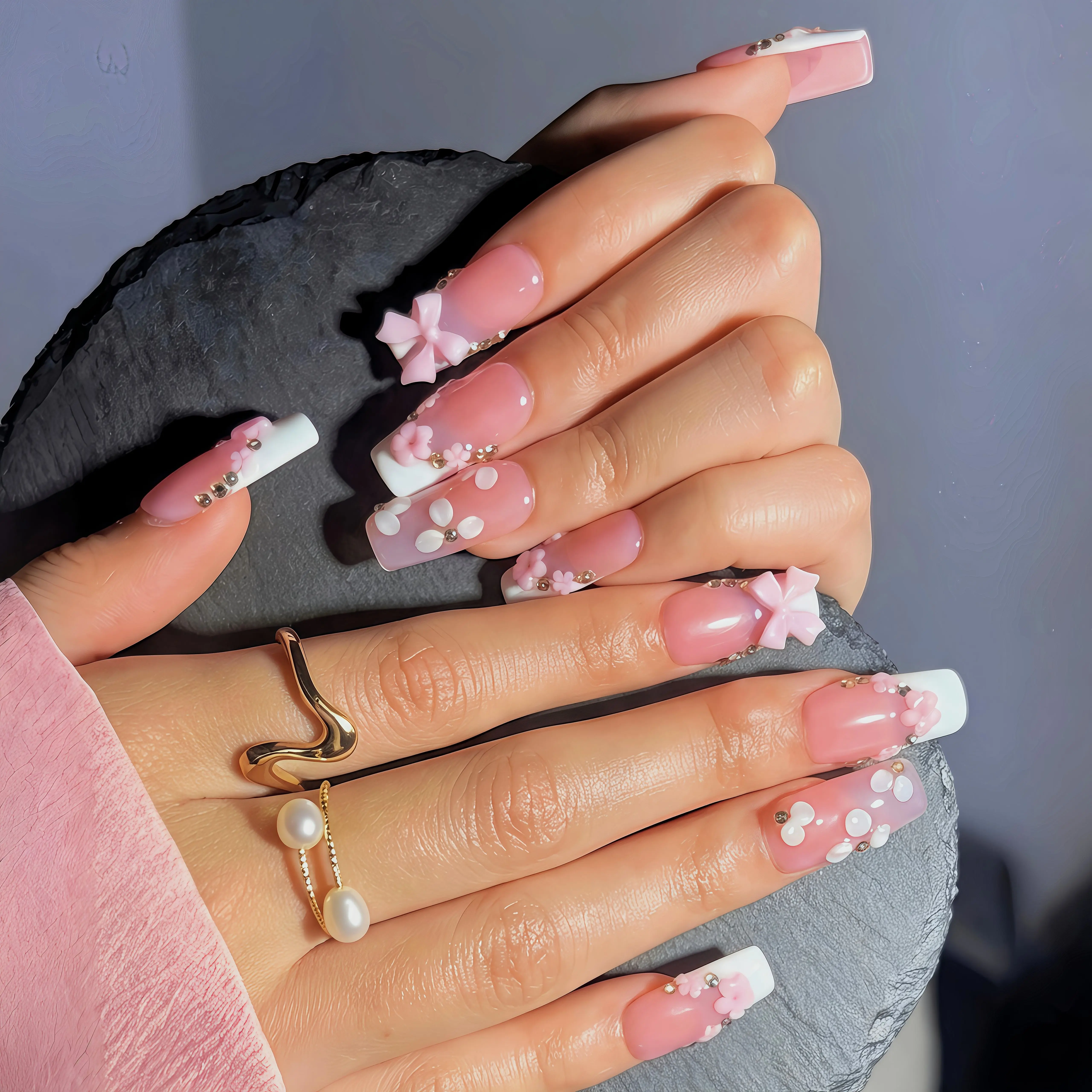 10 pcs Handmade Press on Nails Luxury Handcrafted SquareNails Featuring Sculpted 3D Floral Art with Pink Bow & Petite Flower Accents, Sparkling Golden Rhinestone Embellishments 3D Floral White Tips, Y2K Baddie Style