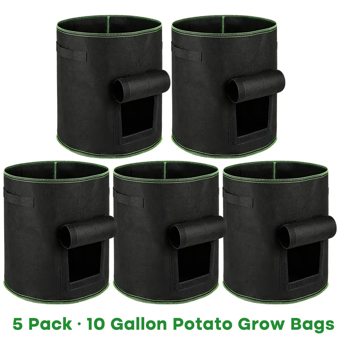 FEPITO 2 Pack / 5 Pack 10 Gallon Potato Grow Bags with Harvest Window, Thick Non-Woven Breathable Planter Bags, Reusable Heavy Duty Growing Bags with Handles for Vegetables Tomato Carrot Garden
