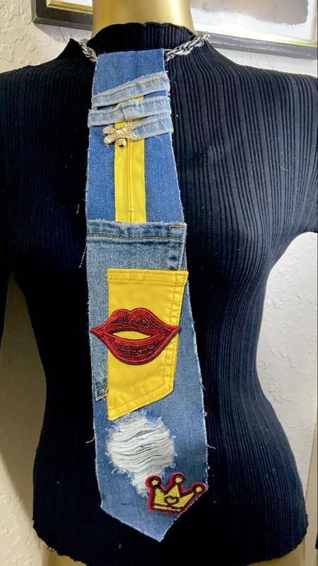 Kiss Me Softly Denim Accessory with Yellow Patch and Red Lips Design Soft Me Softly Product