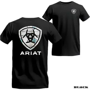 Ariat Mens Black Graphic T-Shirt  Short Sleeve Tee with American Flag Logo Front & Back Print, Patriotic USA Style Casual Western C0wboy Comfortable Shirt