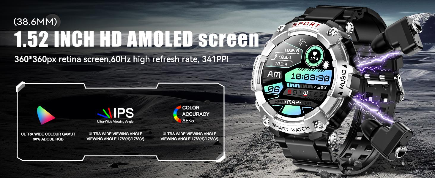 2 in 1 Smart Watch with Built-in Wireless Earbuds, Wireless Calling, 1.52" IPS HD Screen, 400mAh Long Battery, IP67 Waterproof, Sports Activity Recorder with 100+ Sport Modes Compatible with Android iOS Gift for Men