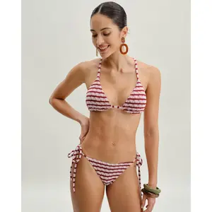 rihoas Red Striped Criss Cross Backless Triangle Bikini Set - Polyester Blend Bow Drawstring Swimsuit for Beach, Criss Cross Bikini