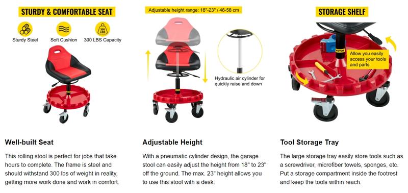 VEVOR Rolling Gear Seat, TikTokShopBlackFriday, 300LBS Capacity, 18"-23" Height Adjustable, Mobile Mechanic Garage Stool with Tool Tray and 5" Casters, Pneumatic Stool for Workshop, Garage, Auto Repair Shop