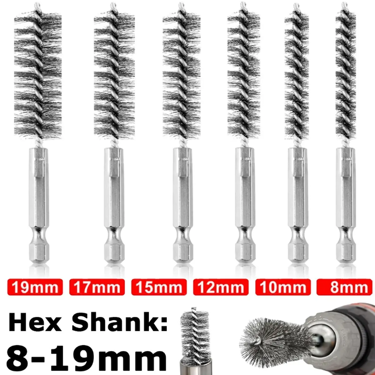6pcs Bore Brush, Stainless Steel Wire Brush Drill Attachments with 1/4 Inch Hex Shank Twisted Wire Cleaning Tools for Power Drill Impact Driver, Sizes 8/10/12/15/17/19mm