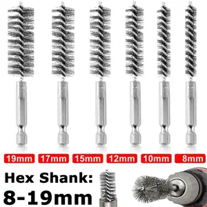 6pcs Bore Brush, Stainless Steel Wire Brush Drill Attachments with 1/4 Inch Hex Shank Twisted Wire Cleaning Tools for Power Drill Impact Driver, Sizes 8/10/12/15/17/19mm