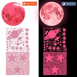 1 Set, 3 Pcs pink stars and moon wall stickers shine brightly in the dark, modern vinyl stickers, reusable self-adhesive ceiling decoration, suitable for bedroom and living room, home wall decoration, perfect for holiday decoration, room decoration