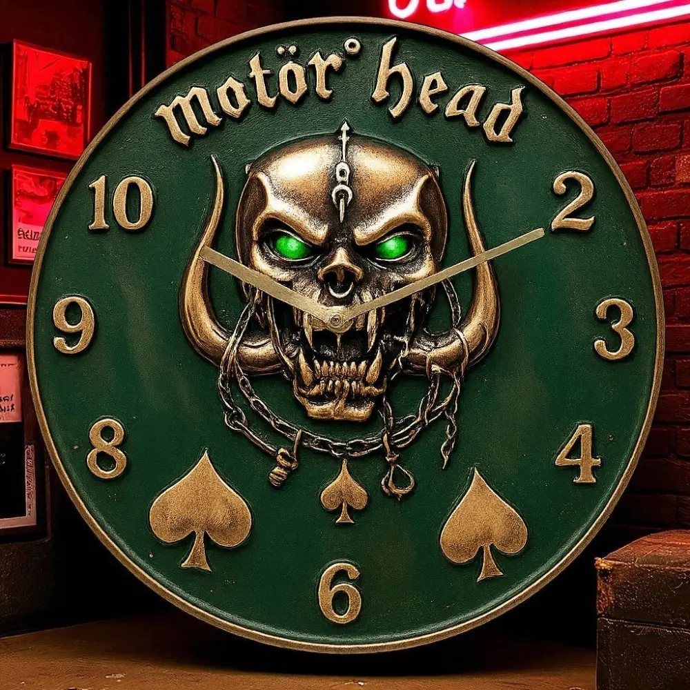 8” Round Acrylic Wall Clock - Silent, Lightweight, Motor Head Skull Print, Gothic Rock Punk Home Decor, Battery-Operated Wall Clock for Halloween Gifting to Home Supplies Enthusiasts, Clock Wall Clocks