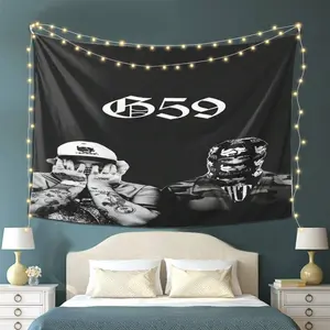 G59 Inspired Tapestry - White Lettering & Iconic Number 659 Design On Black Peach Beige Wall Hanging, Durable Fabric Home, Office, Party Decor - Urban Art Fans, Music Culture Room Decoration