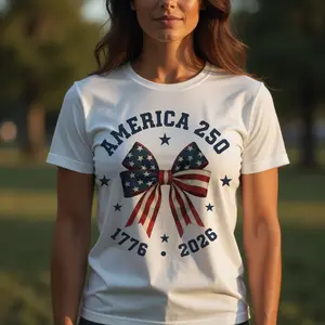 [Limited Time Deal][Fast Shipping] America 250 Stars and Stripes Bow T-Shirt, Patriotic Independence Day Graphic T-Shirt, Retro USA 4th of July Design, Coquette Style Bow Aesthetic, Summer Great Deal for Any Occasion, Casual Celebration Wear Shirt # Summe