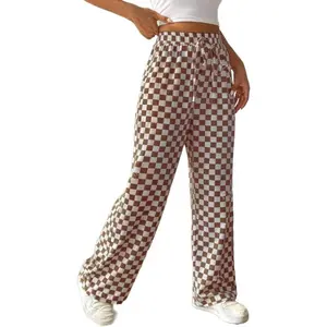 Women'sCasualCheckeredPantsDrawstringElasticWaistComfyLooseStraightWideLegPlaidPantswithPockets