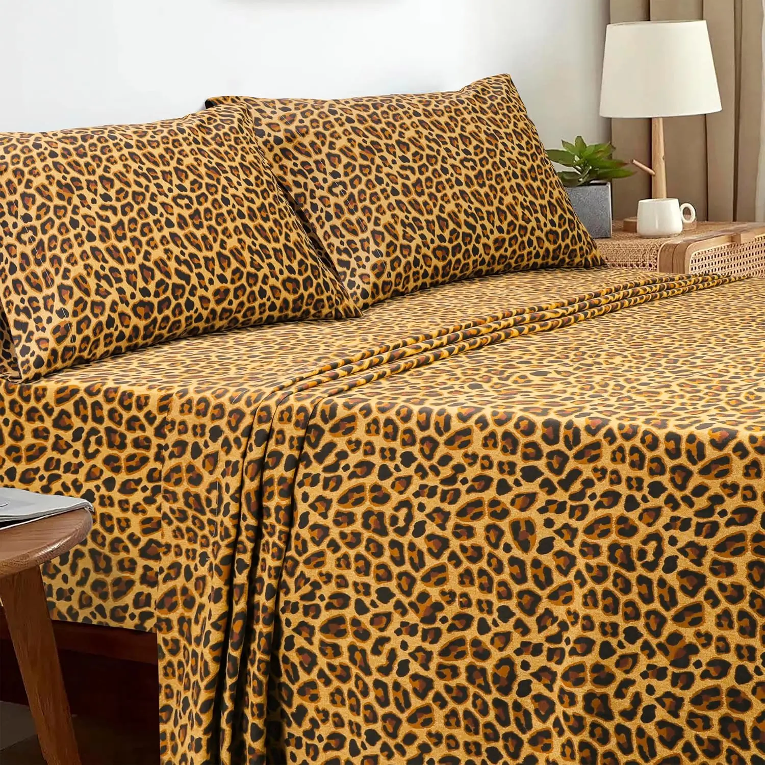 Pure Cotton 4-Piece Leopard Print Bed Sheet Set - Animal Motif, Deep Pocket, Queen Size, Brown