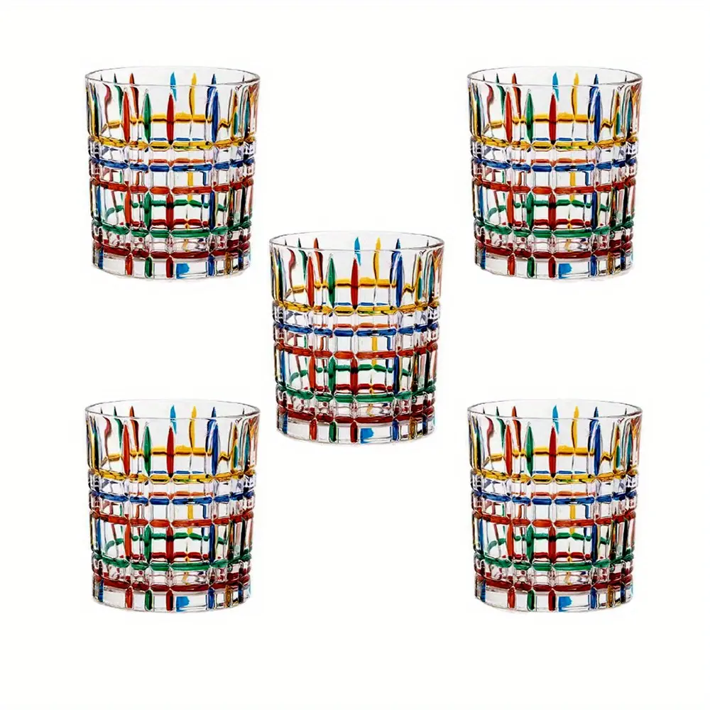 Set of 5 Hand-painted Colorful Glass Tumblers, Drinking Glassware, Cocktail Glasses for Iced Coffee Juice Tea Beverage Milk Wine With Artistic Design