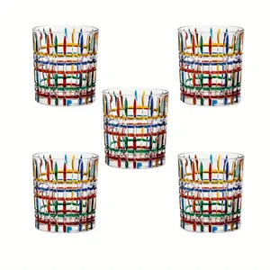 Set of 5 Hand-painted Colorful Glass Tumblers, Drinking Glassware, Cocktail Glasses for Iced Coffee Juice Tea Beverage Milk Wine With Artistic Design