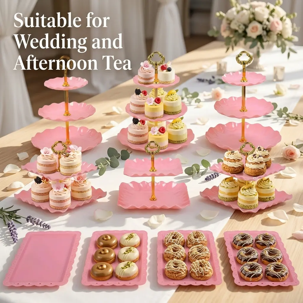 Sebastian CADIA 10pc Party Set - 10pcs Pink Dessert Cake Stand (9.6in Diameter), 3 Double-Tier, 3 Triple-Tier Plastic Stands, 4 Appetizer Trays for Birthday, Baby Shower Supplies