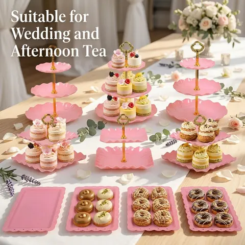 Sebastian CADIA 10pc Plastic Cupcake Display Set - 3 Double-Tier (2-Layer), 3 Triple-Tier Plastic Cake Stands, 4 Appetizer Trays, 9.6 Inches Diameter Pink Dessert Stand for Birthday Party, Wedding Supplies