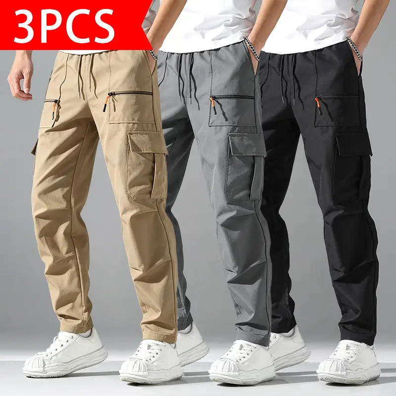 3-Pack Men’s Cargo Jogger Pants with Multiple Zipper Pockets, Elastic Drawstring High Waist, Lightweight Casual Work Pants, Slim Fit Outdoor Hiking Daily Wear Stretch Cargo Pants with Multiple Storage Pockets for Everyday Walking and Travel
