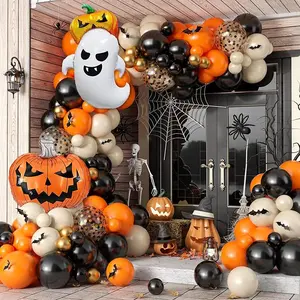 Halloween Balloon Arch Garland with Halloween Foil Balloon Pumpkin Ghost, Sand White Orange Black Gold Latex Balloons Confetti Bat Sticker for Halloween Party Decoration Home Garden Outdoor