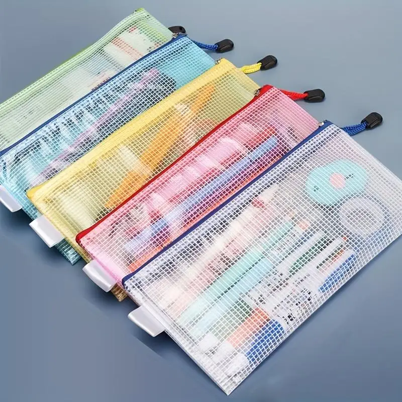 5pcs A6 Transparent Mesh Pouch, Waterproof Zipper File Bag, Stationery File Storage Bag, Stationery Organizer For Home Office School