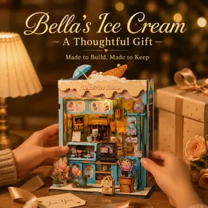 CUTEBEE Bella's Ice Cream DIY Book Nook Kit with LED Lights - Perfect Screen-Free Gift & Room Decor for Kids & Adults