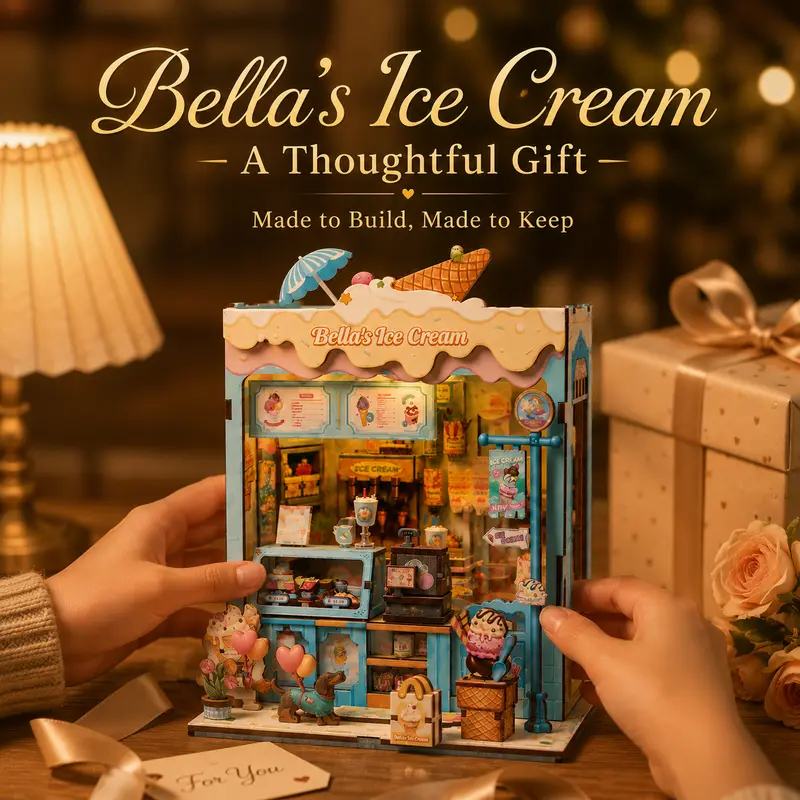 CUTEBEE Bella's Ice Cream DIY Book Nook Building Block Model Kit with LED Lights - DIY Kits, Collectible Construction Set, Quirky Gifts, Cool Gifts for Kids 12 Years Above, Miniature Craft Project, Cute Bedroom Decor