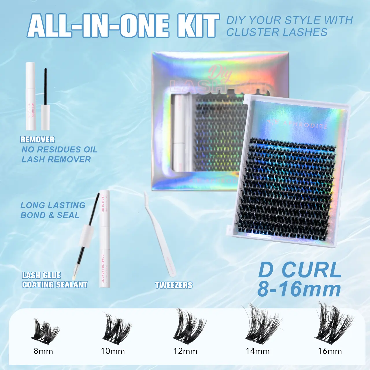 Aphrodite Beauty Cosmo 3D-14 Spider Lash Cluster Kit for Halloween Makeup - D Curl All-in-1 DIY Extensions, 8-16mm Mixed Tray, Gentle Sensitive-Safe, Easy Painless Removal, Beginner-Friendly, Natural Fluffy Edges, With Adhesives & Coating Sealant